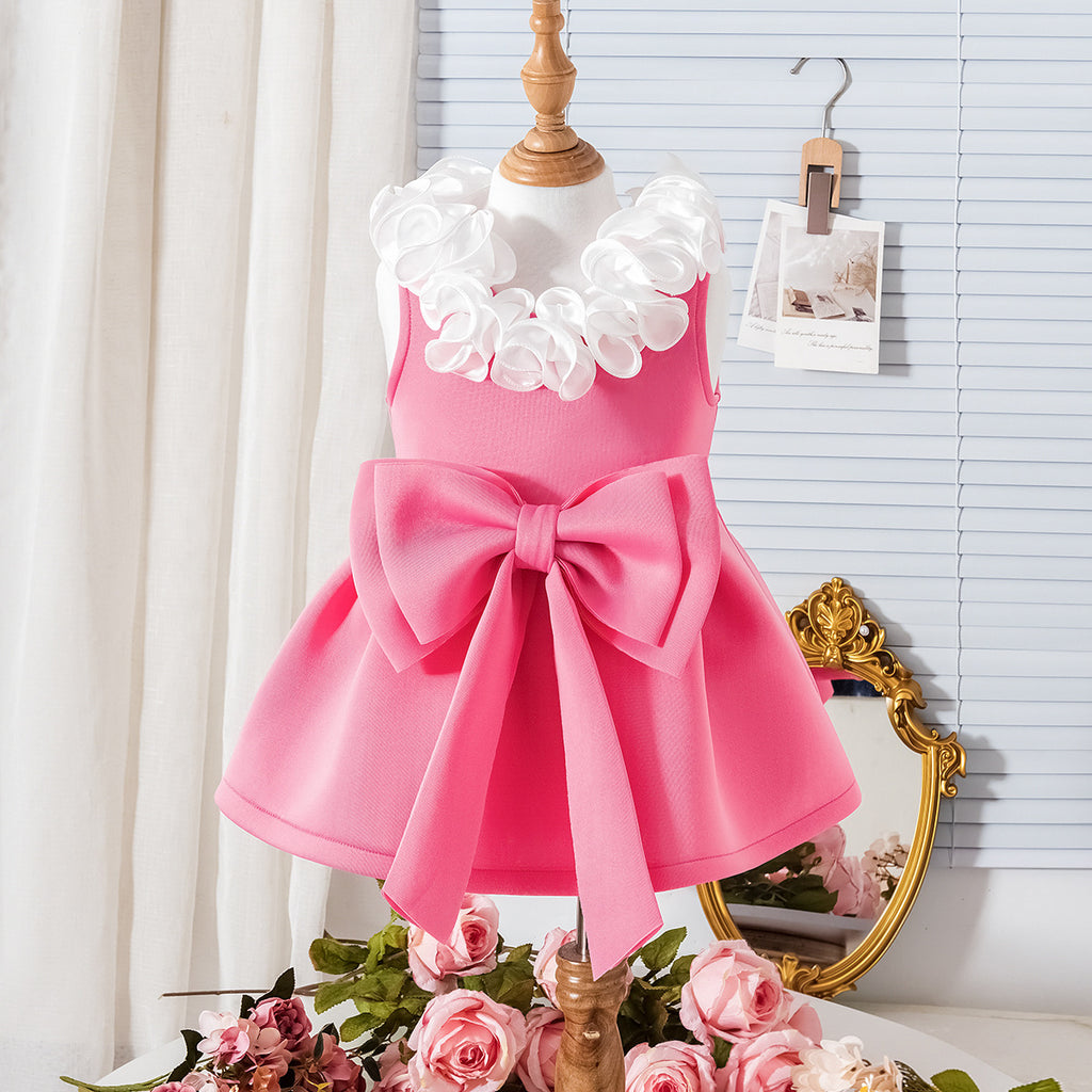 Cross-border European and American summer new girls suits small and medium-sized children's baby lace v-neck bow dress in stock