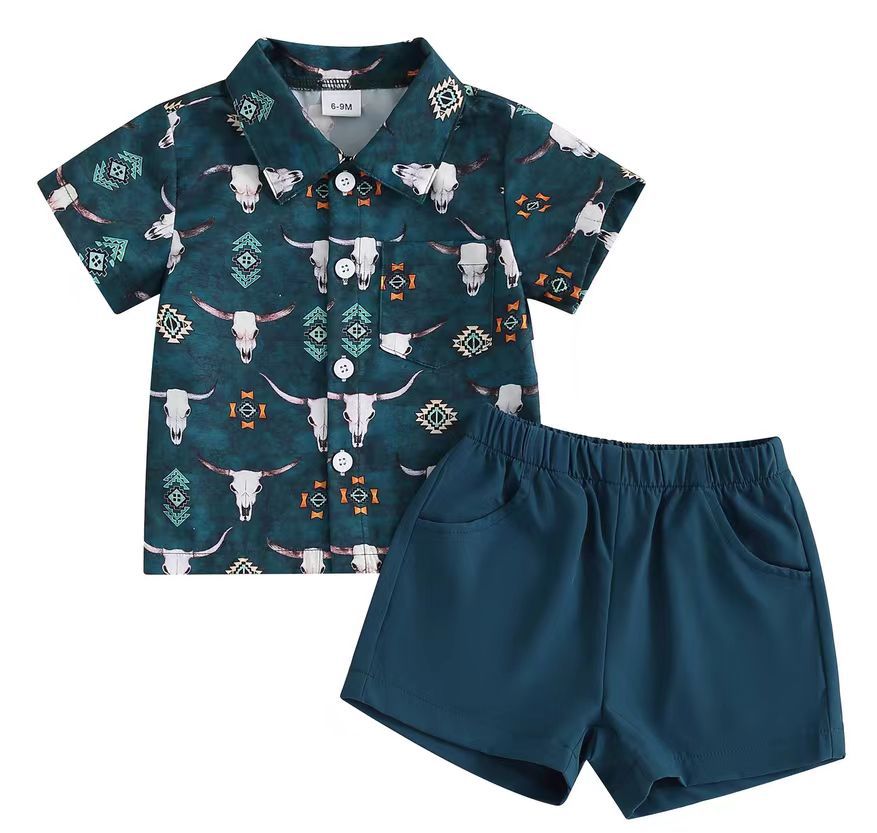Children's clothing 2024 summer new style baby boy shirt dress cartoon cute top solid color shorts two-piece suit