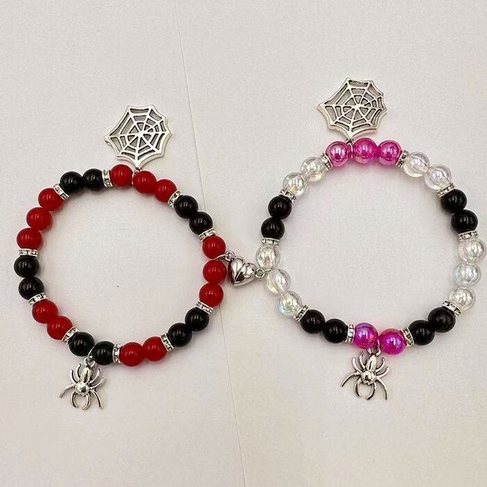 Cross-border hot selling Halloween spider love magnetic attraction bracelet beaded elastic adjustable couple holiday bracelet