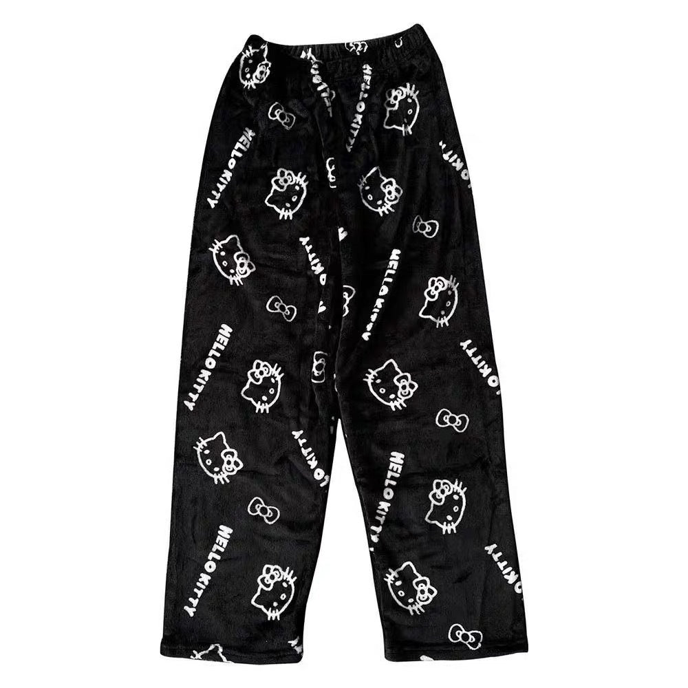 Foreign trade Halloween cartoon KT cat flannel pajamas women autumn and winter plus velvet warm leisure home graffiti pants