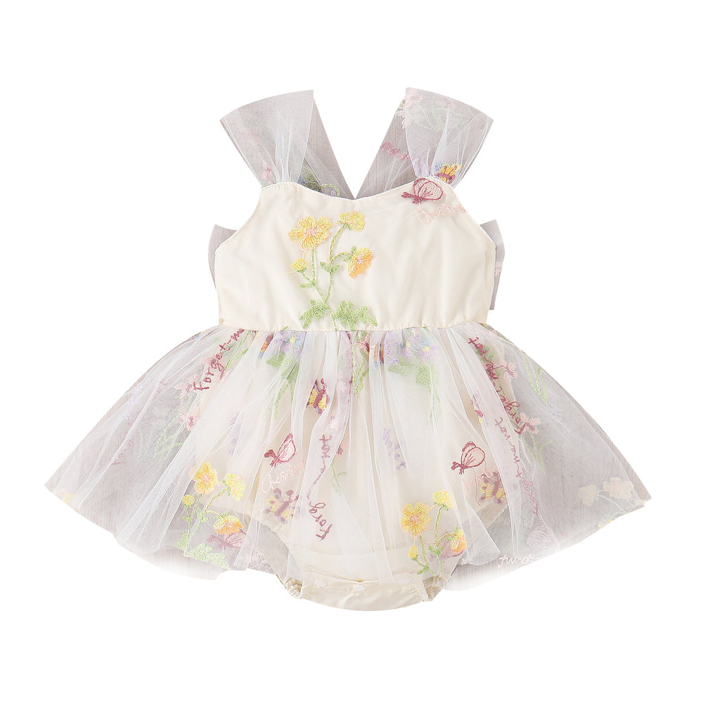 Baoxin children's clothing Korean version spring and summer girls baby sling embroidered flowers mesh princess can open crotch fart baby romper