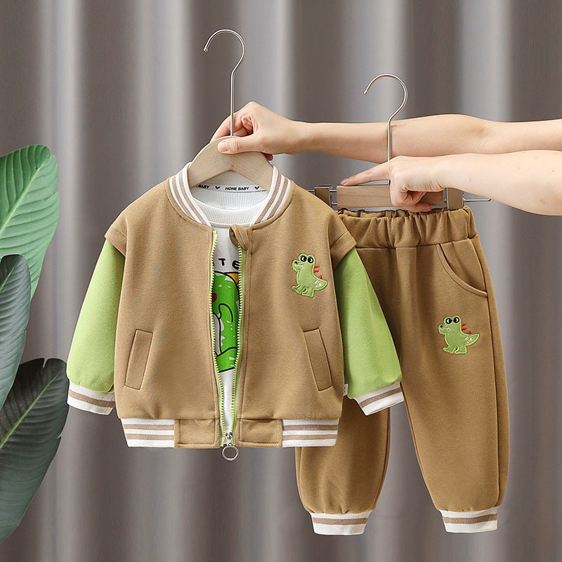 Boys spring suit 2025 new stylish baby spring suit cartoon baseball three-piece suit dinosaur baby children's suit a