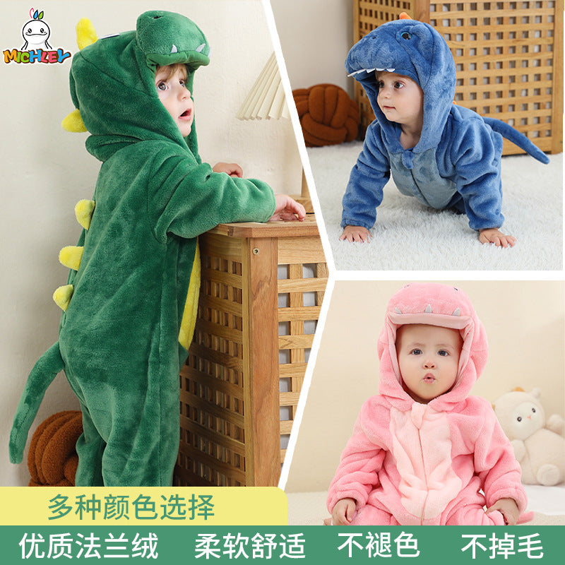 michley new children's flannel crawling clothes infant jumpsuit baby pajamas cross-border dinosaur jumpsuit