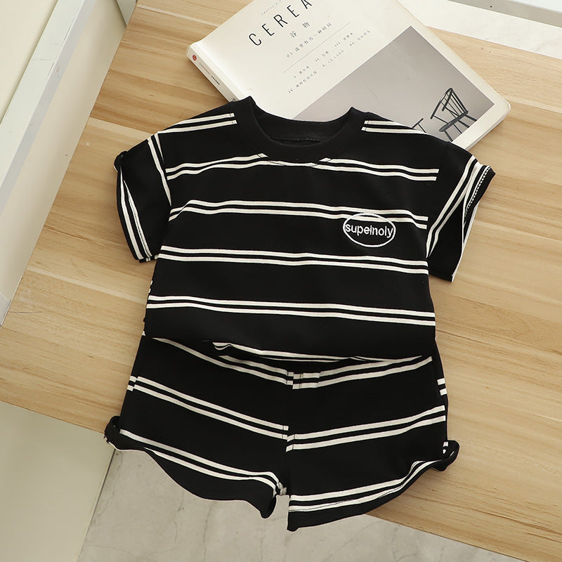 Boys summer clothes children's short-sleeved suits summer new style little boy baby fashion striped polo shirt two-piece suit trendy