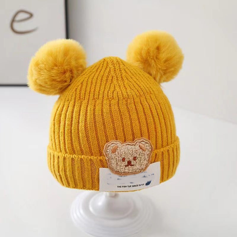 New autumn and winter children's warm hats cute bear double ball hats infant baby warm ear protection knitted wool hat