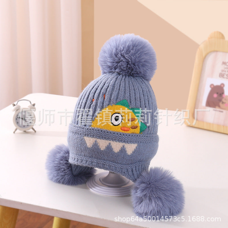 New autumn and winter children's warm hats cute bear double ball hats infant baby warm ear protection knitted wool hat
