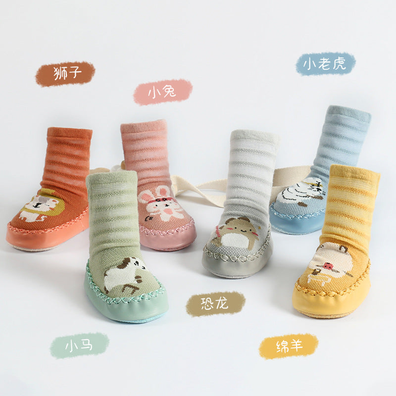 Thin cotton breathable cartoon baby toddler shoes socks infant toddler children dotted floor socks mesh tube leather bottom socks